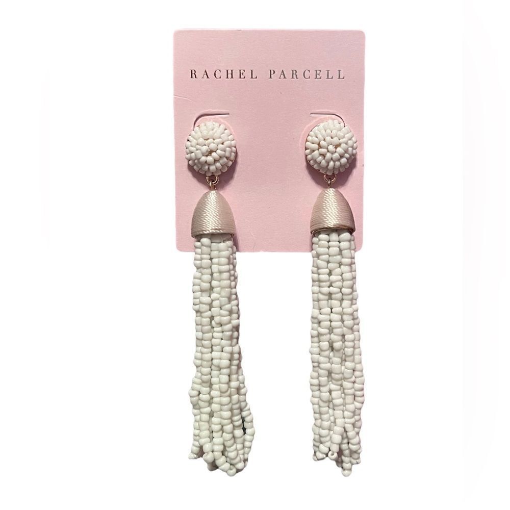 Rachel Parcell Beaded Linear Tassel Earrings In White Gold NWT